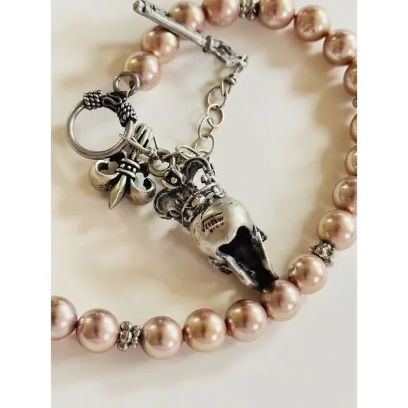 Versani Goth Necklace Skull Charm Dangle Pearl Gemstone Sterling Silver 925 Rare